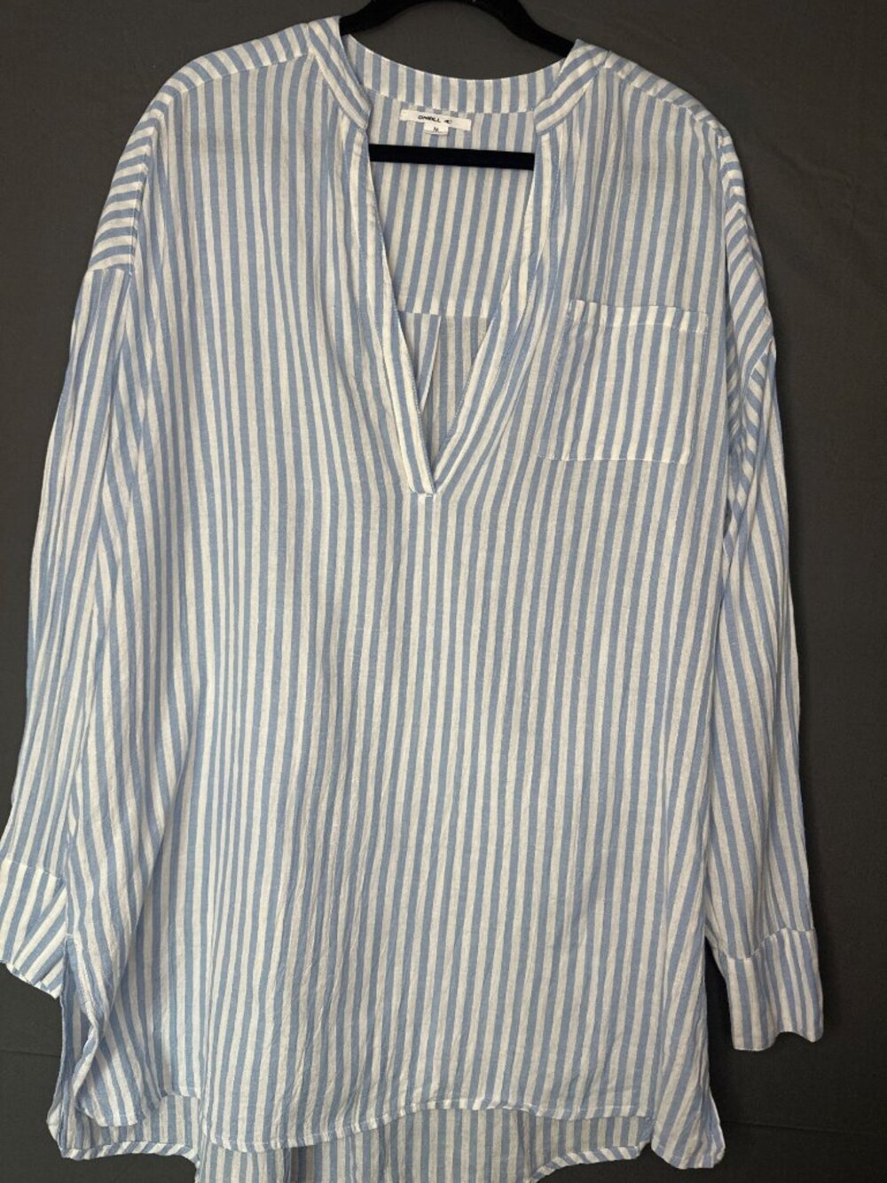 O’Neill Women’s M Blue White Striped Cotton Tunic Blouse Coastal Beach Oversized